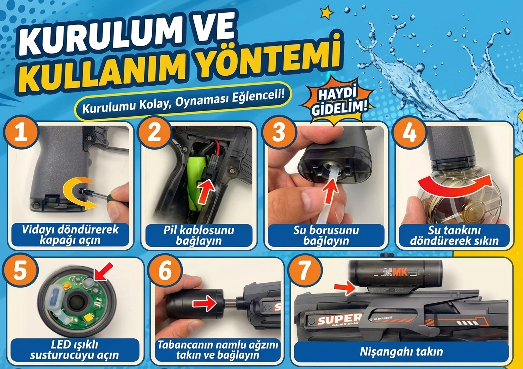 Ateş Efektli Işıklı Otomatik Su Tabancası - 25 cm Şarjlı Elektrikli